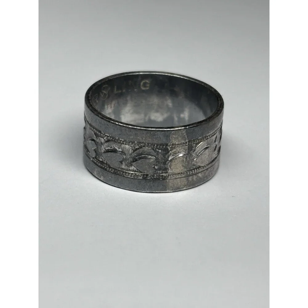 Sterling Silver 925 Inlay Heart Shapes Band Hand Chased Ring Size 5.75